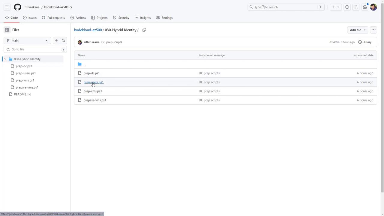 The image shows a GitHub repository interface with a list of PowerShell script files related to "Hybrid Identity" under the "kodekloud-az500" project. The files include "prep-dc.ps1," "prep-users.ps1," "prep-vms.ps1," and "prepare-vms.ps1."