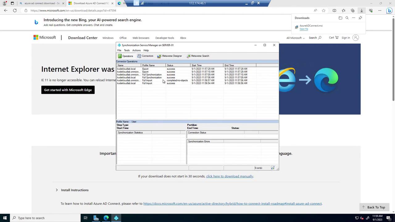 The image shows a computer screen with a Microsoft Download Center webpage open, and a "Synchronization Service Manager" window displaying synchronization operations and their statuses.