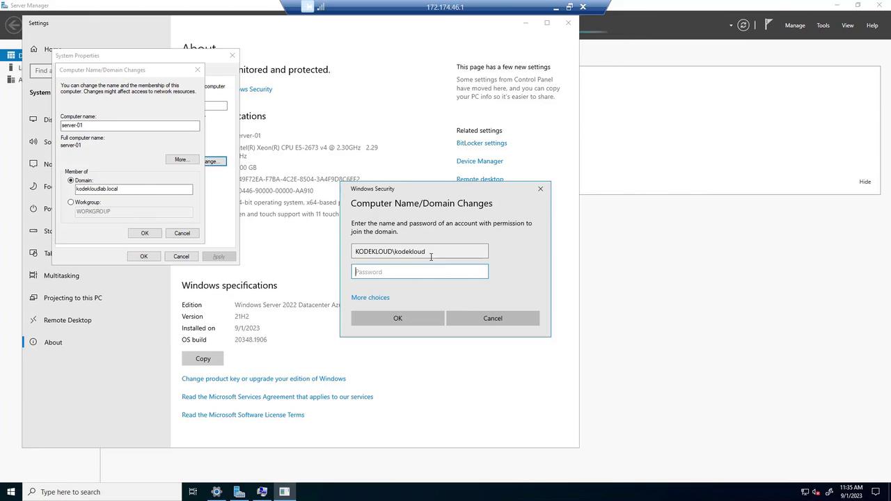 The image shows a Windows Server settings screen with a dialog box for changing the computer's domain, requiring a username and password for domain access. The system properties and Windows specifications are also visible.
