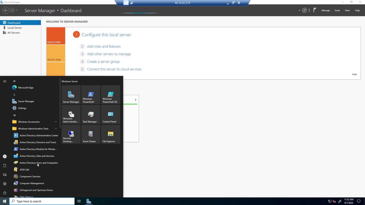 The image shows a Windows Server Manager dashboard with the Start menu open, displaying various administrative tools and settings options.