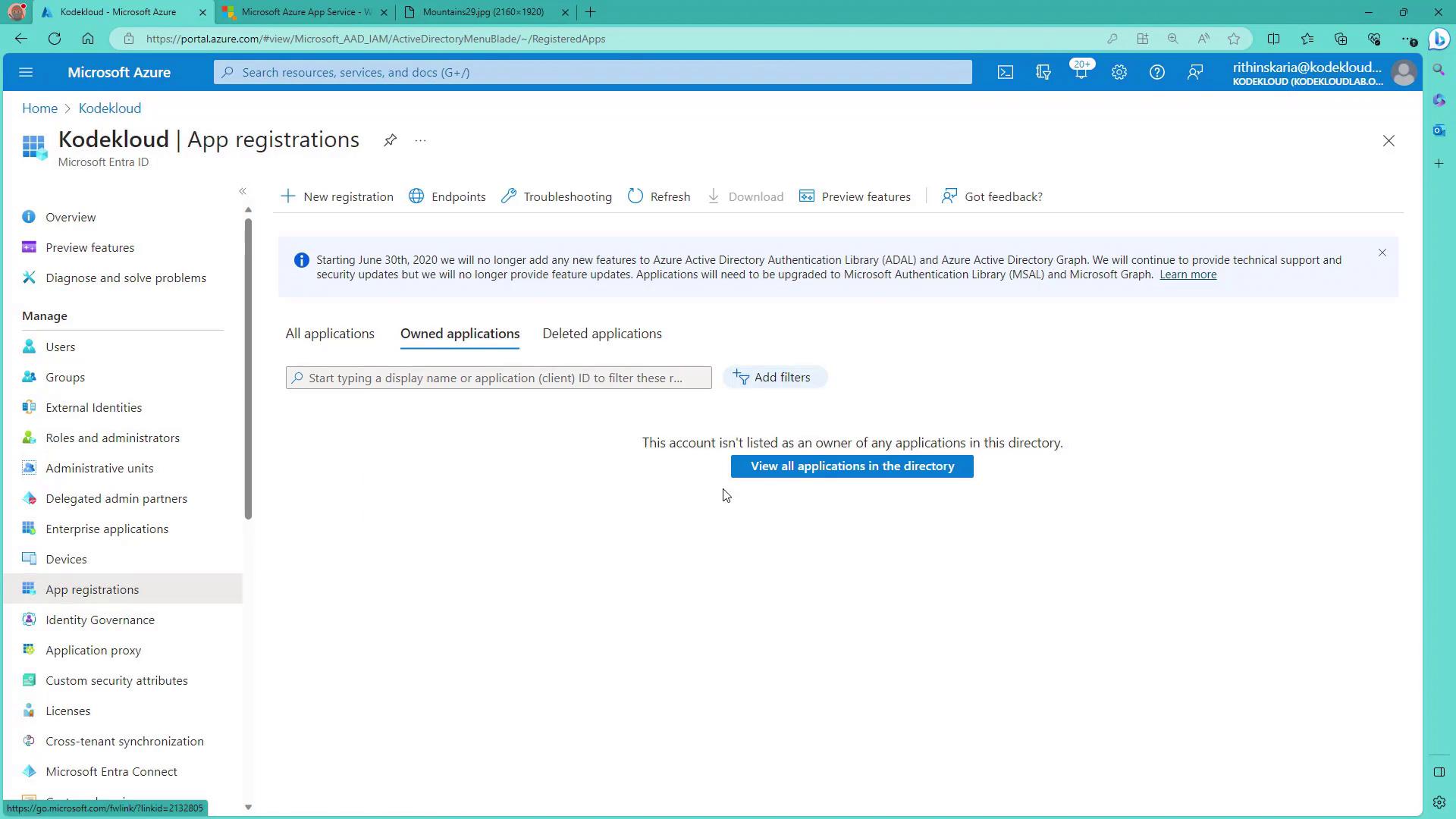 The image shows the Microsoft Azure portal, specifically the "App registrations" section under "Kodekloud," with options to manage applications and a message about no owned applications in the directory.