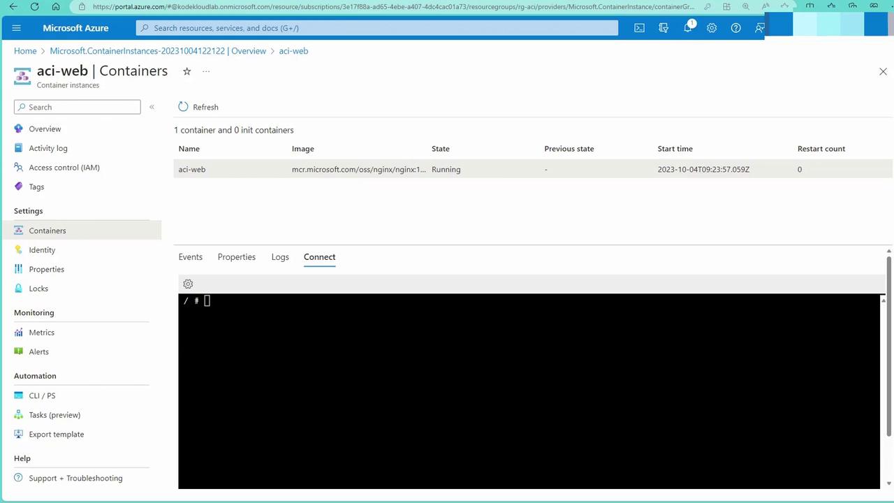 The image shows the Microsoft Azure portal displaying a container instance named "aci-web" that is running an Nginx image. There is a terminal interface open under the "Connect" tab.