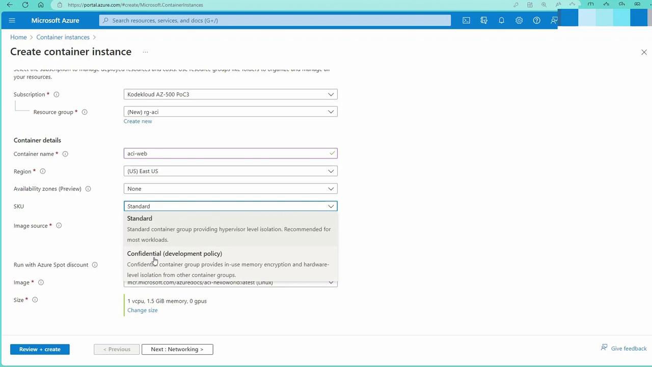 The image shows a Microsoft Azure portal interface for creating a container instance, with fields for subscription, resource group, container details, and options for SKU and image source.