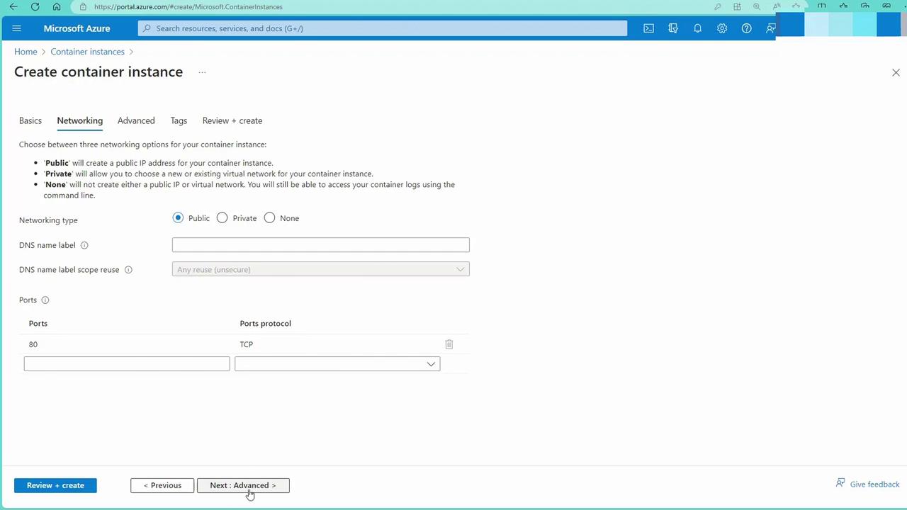 The image shows a Microsoft Azure portal interface for creating a container instance, specifically on the "Networking" tab, where users can select networking options and configure DNS and port settings.