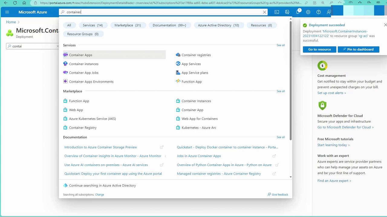 The image shows the Microsoft Azure portal with a search for "container," displaying various services, marketplace options, and documentation related to containers. A notification indicates a successful deployment of a container instance.