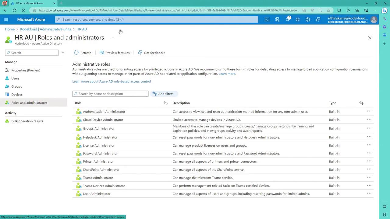 The image shows a Microsoft Azure portal page displaying a list of administrative roles and their descriptions within an Azure Active Directory environment. Each role is described with its permissions and is categorized as "Built-in."