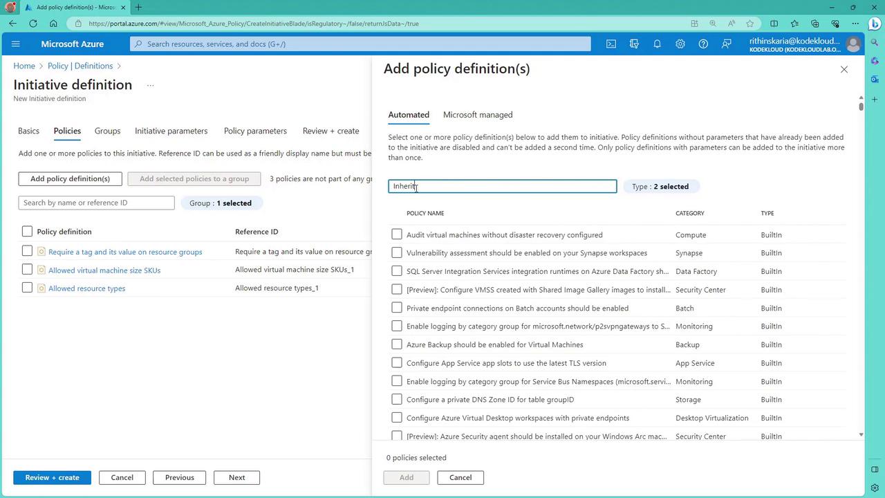 The image shows a Microsoft Azure portal interface for creating a new initiative definition, with options to add policy definitions. A list of policy names, categories, and types is displayed, with checkboxes for selection.