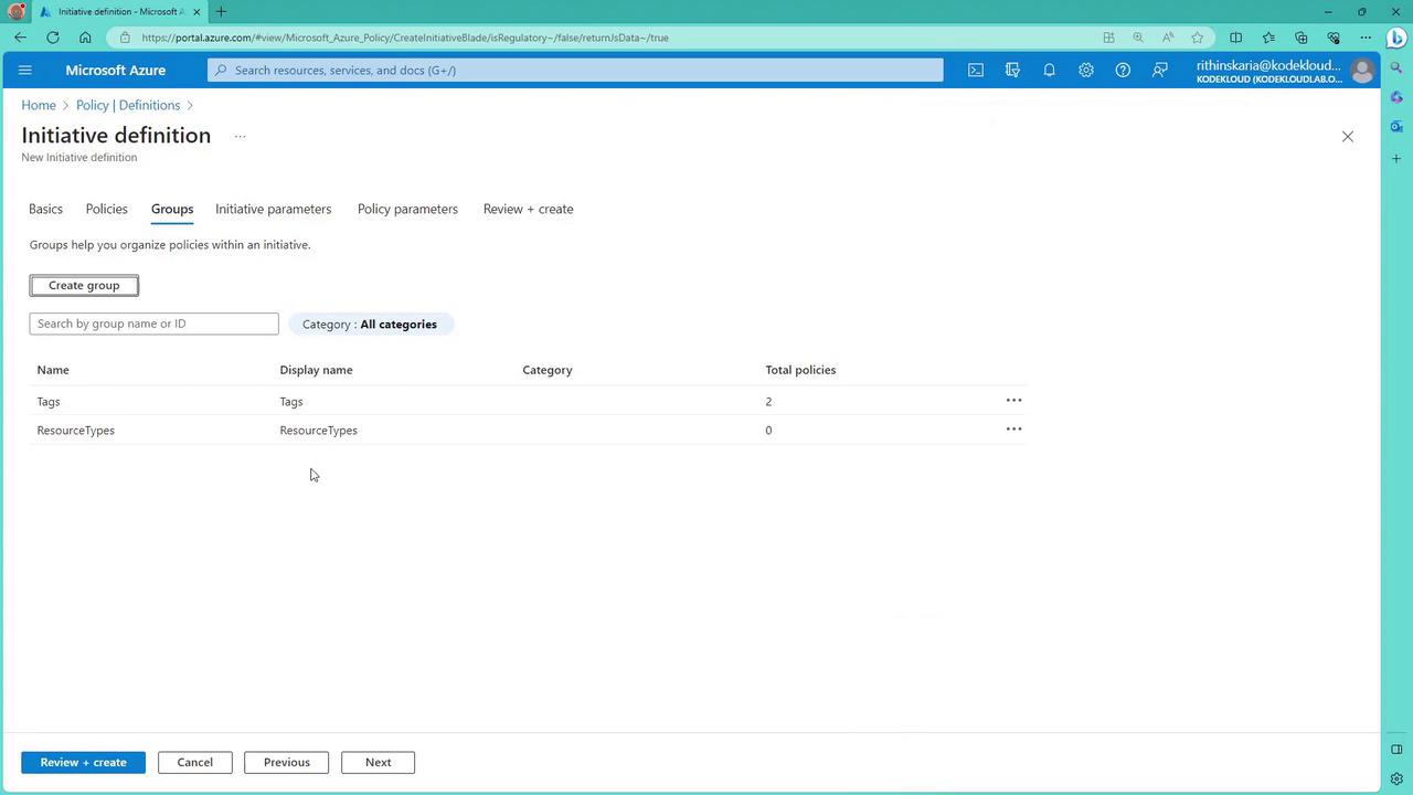The image shows a Microsoft Azure portal page for creating a new initiative definition. It displays a section for organizing policies into groups, with options to create a group and a list of existing groups like "Tags" and "ResourceTypes."