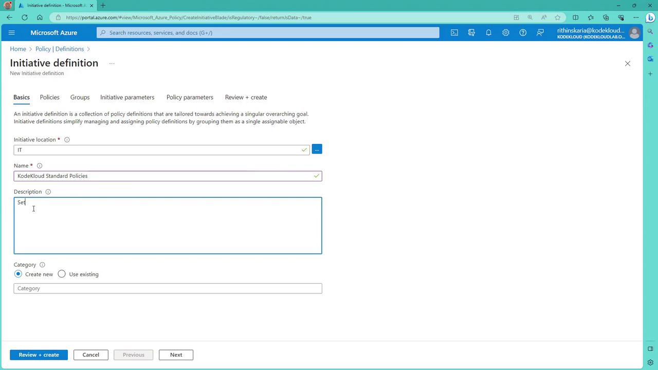 The image shows a Microsoft Azure portal page for creating a new initiative definition, with fields for initiative location, name, description, and category.