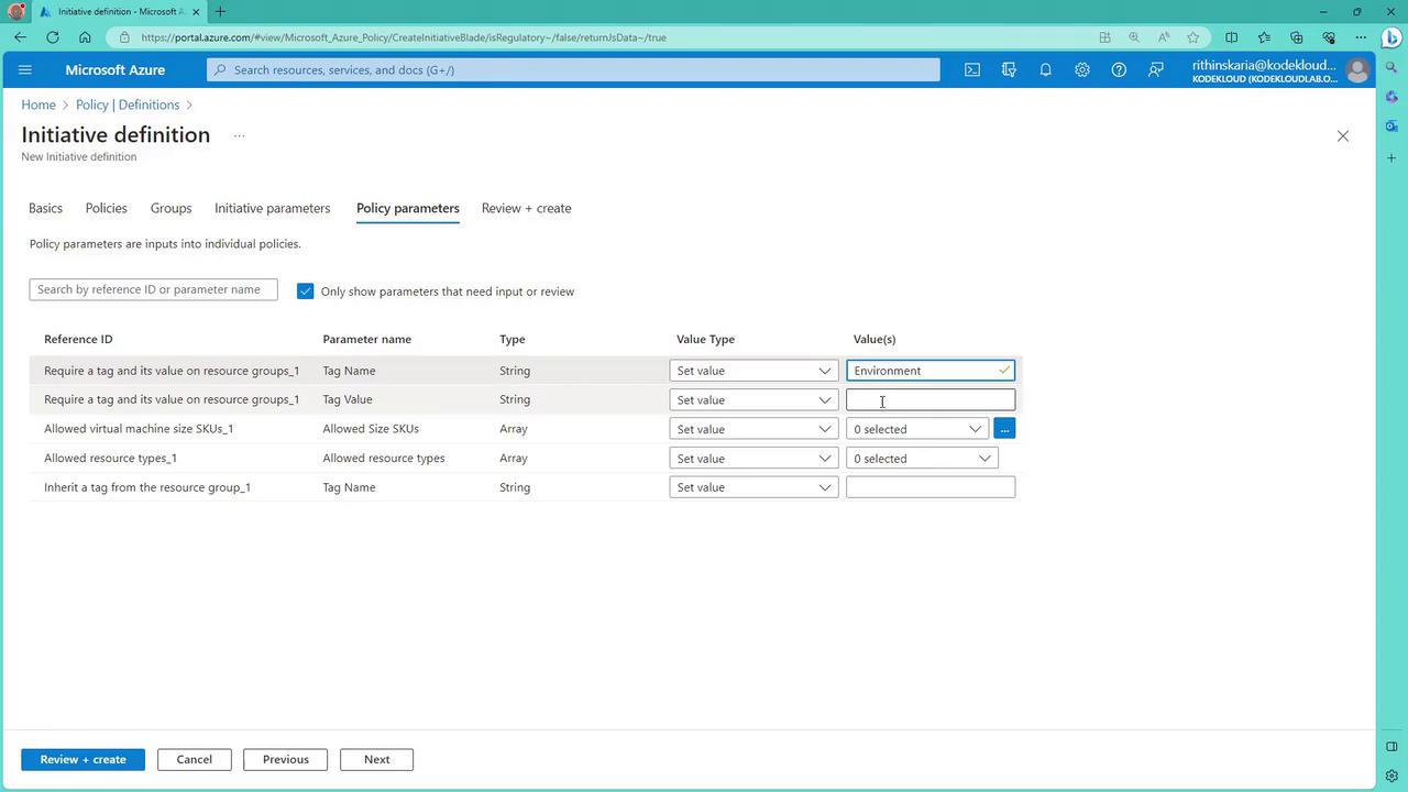 The image shows a Microsoft Azure portal screen for defining initiative parameters, specifically focusing on policy parameters like tag names and values for resource groups. Various fields are set for input, such as "Environment" for the tag name.