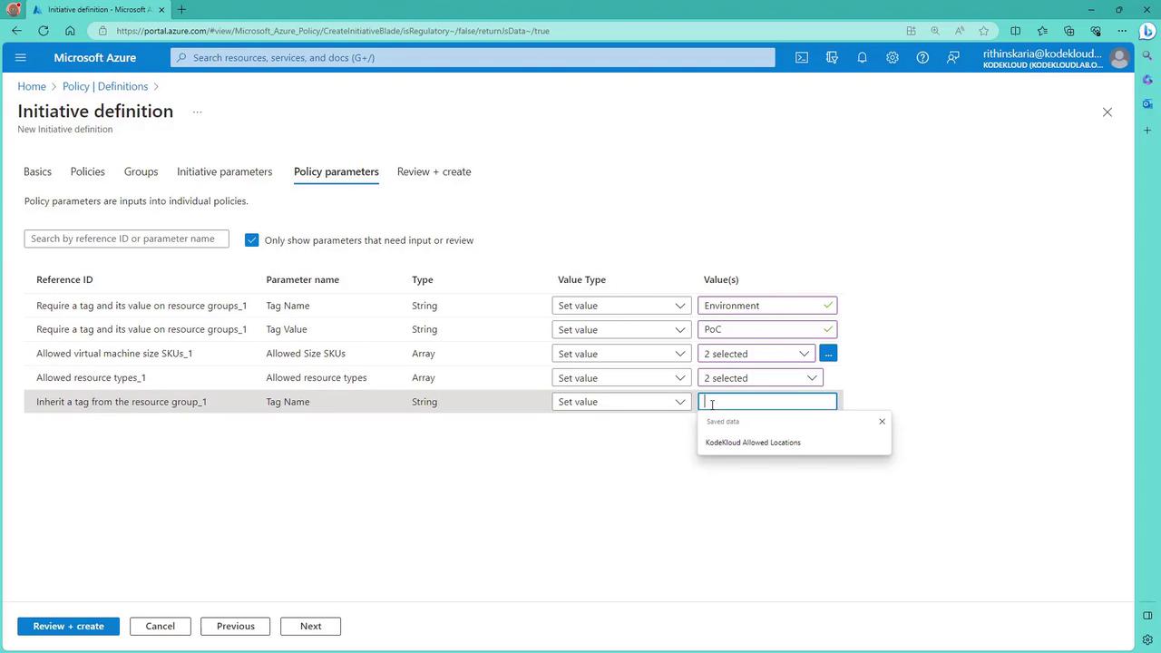 The image shows a Microsoft Azure portal interface for defining initiative policy parameters, with options to set values for tags, virtual machine size SKUs, and resource types.