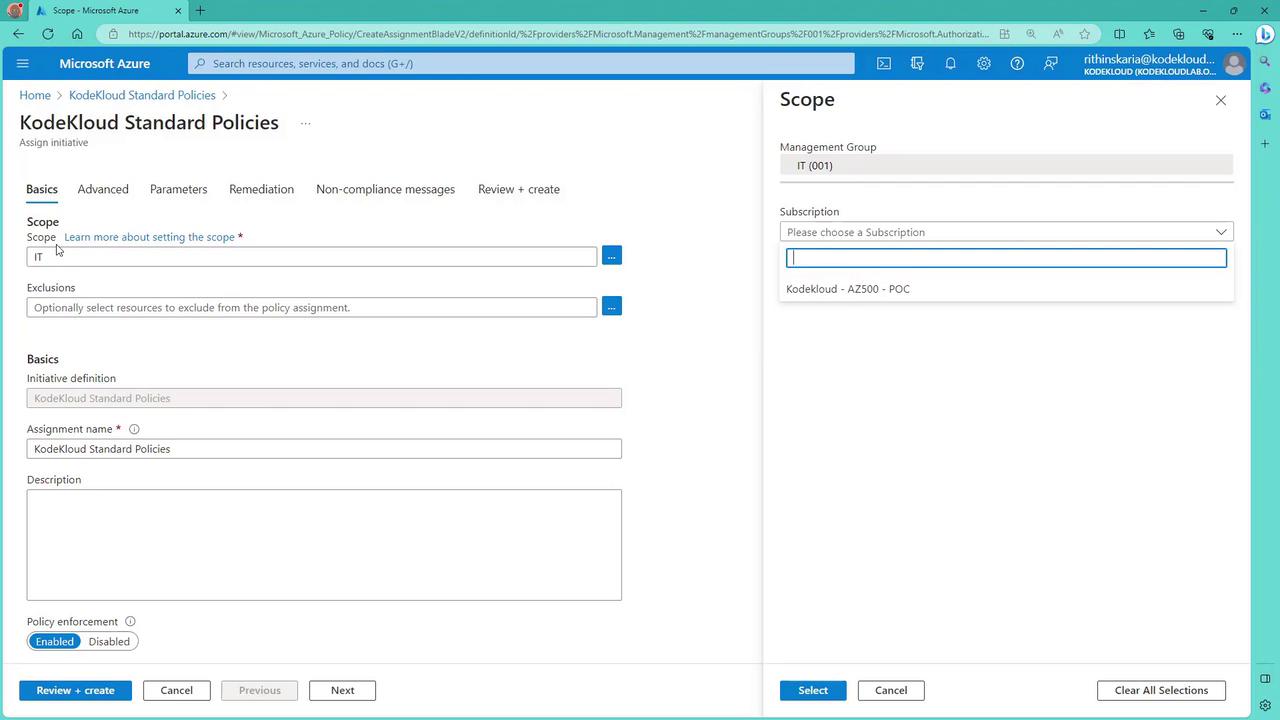 The image shows a Microsoft Azure portal interface for assigning a policy initiative called "KodeKloud Standard Policies." It includes fields for setting the scope, exclusions, assignment name, and policy enforcement options.