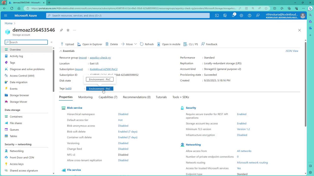The image shows a Microsoft Azure portal interface displaying details of a storage account named "demoaz356453546," including its resource group, location, subscription, and various properties related to blob and file services.