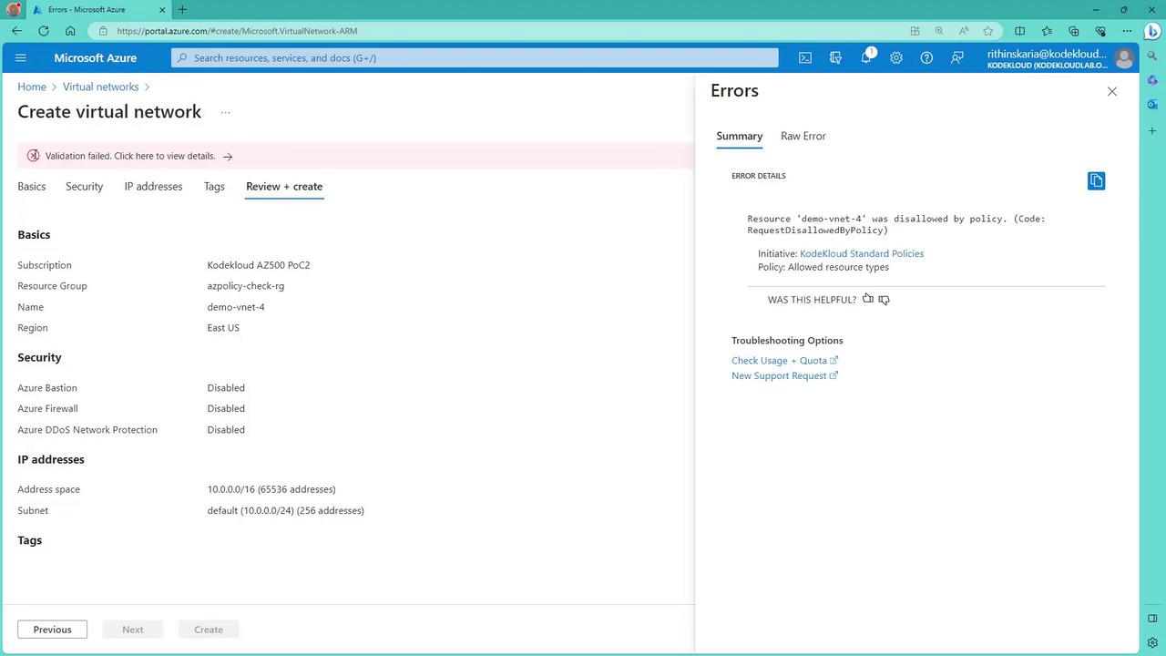 The image shows a Microsoft Azure portal screen for creating a virtual network, with a validation error indicating that the resource "demo-vnet-4" was disallowed by policy. The error details and troubleshooting options are displayed on the right.