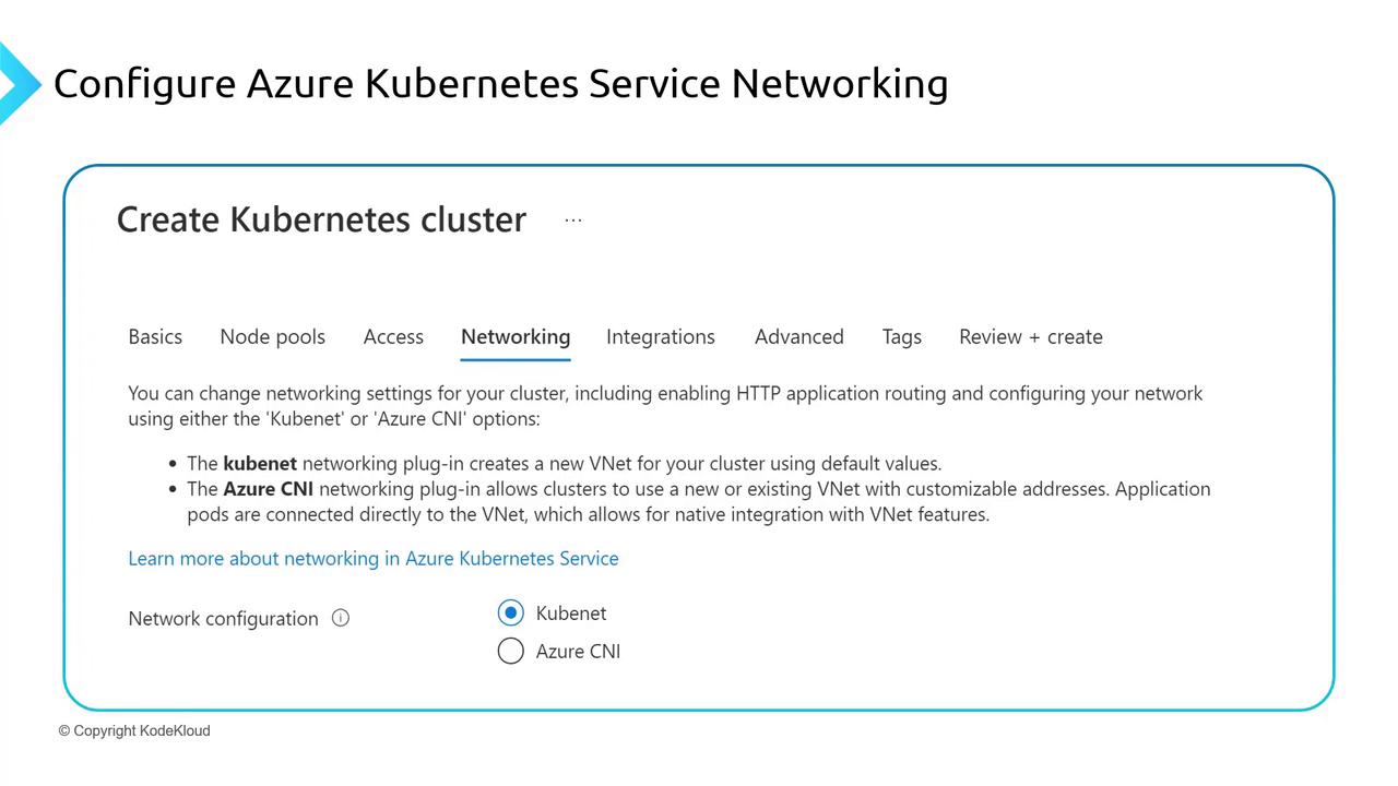 The image is a configuration screen for Azure Kubernetes Service Networking, showing options for creating a Kubernetes cluster with networking settings using either "Kubenet" or "Azure CNI."