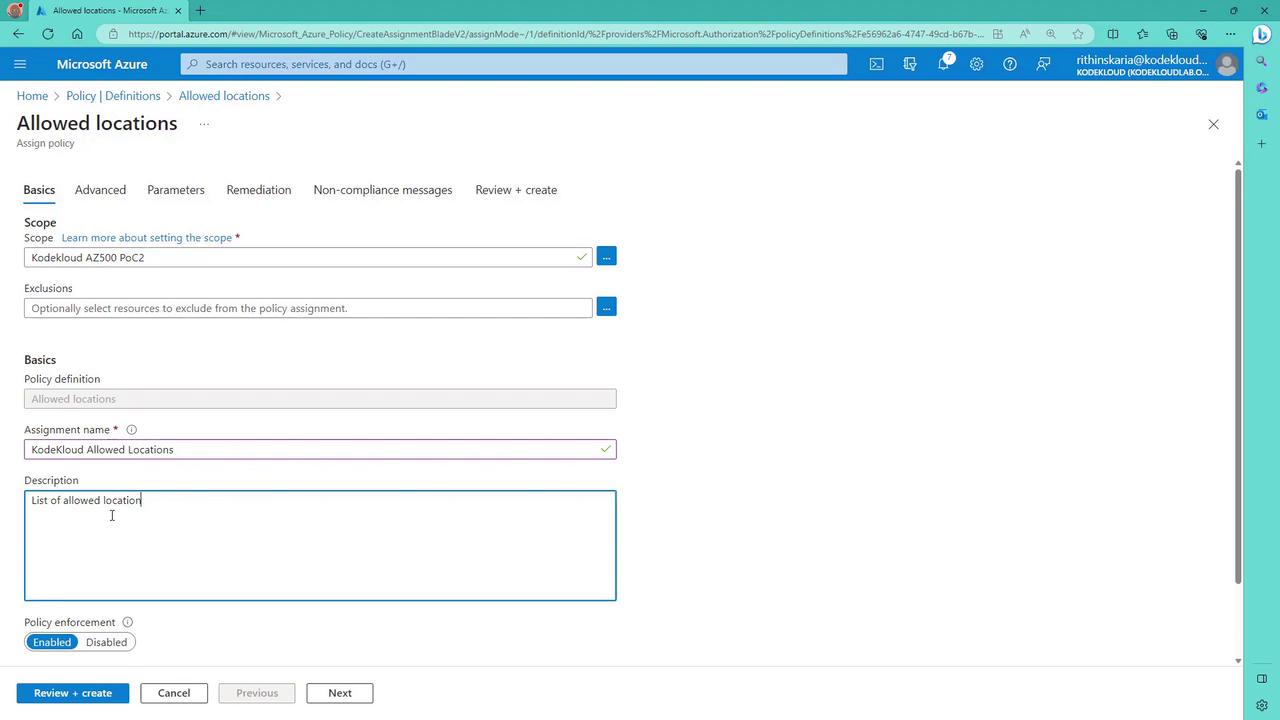 The image shows a Microsoft Azure interface for assigning a policy titled "Allowed locations," with fields for scope, assignment name, and description.
