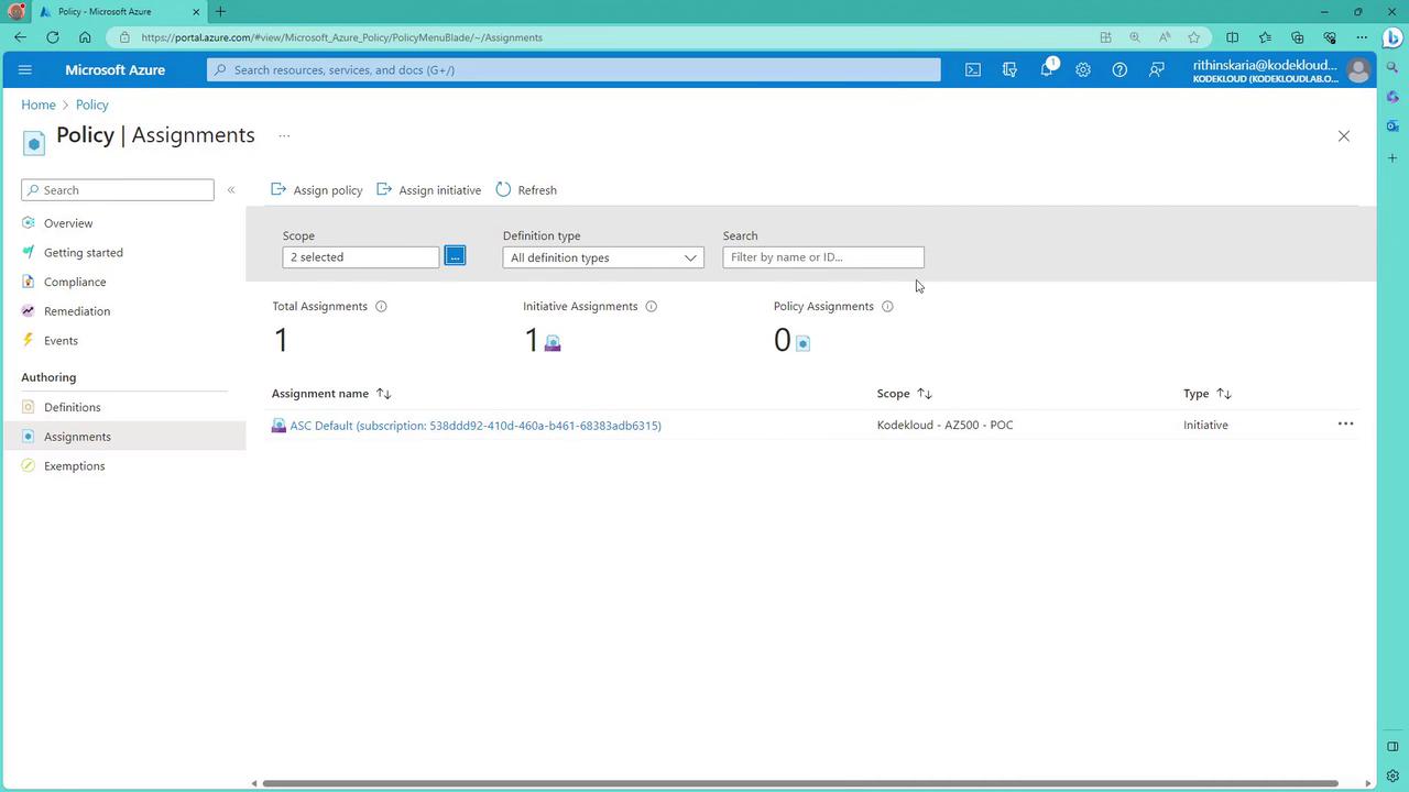The image shows the Microsoft Azure Policy Assignments page, displaying details about policy and initiative assignments within a specific subscription.