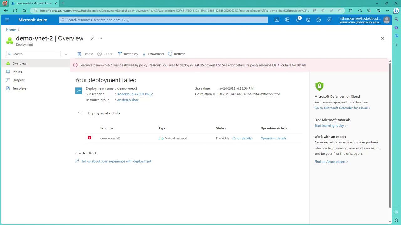 The image shows a Microsoft Azure portal page indicating a deployment failure for "demo-vnet-2" due to a policy disallowance, with details about the error and deployment.