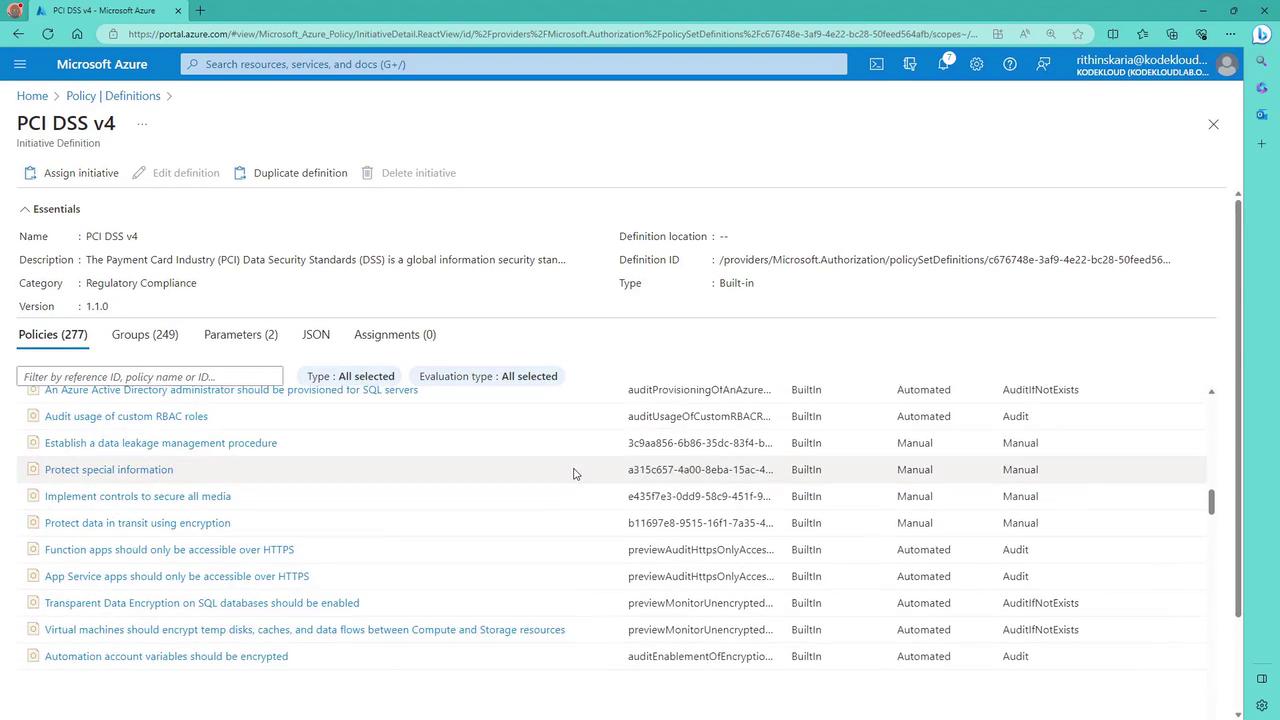 The image shows a Microsoft Azure portal page displaying the PCI DSS v4 policy definitions, including details like name, description, category, version, and a list of policies with their types and evaluation methods.