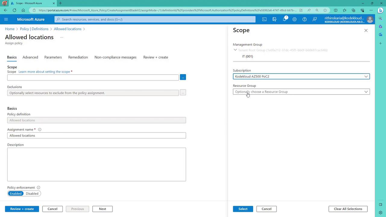 The image shows a Microsoft Azure portal screen for setting up a policy assignment with options to define scope, exclusions, and policy details for allowed locations.