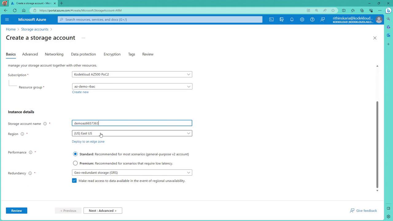 The image shows a Microsoft Azure portal interface for creating a storage account, with fields for subscription, resource group, storage account name, region, performance, and redundancy options.