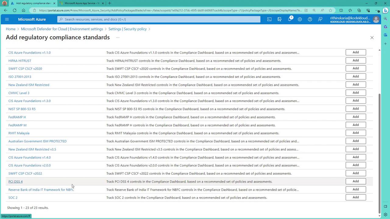 The image shows a Microsoft Azure portal page listing various regulatory compliance standards, each with an "Add" button next to it. The page is part of the Microsoft Defender for Cloud settings.