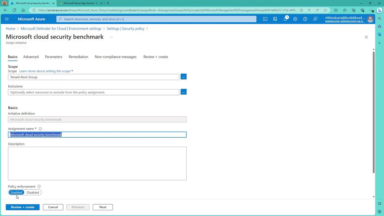 The image shows a Microsoft Azure portal screen for assigning a security policy initiative called "Microsoft cloud security benchmark." It includes options for setting the scope, exclusions, and policy enforcement.