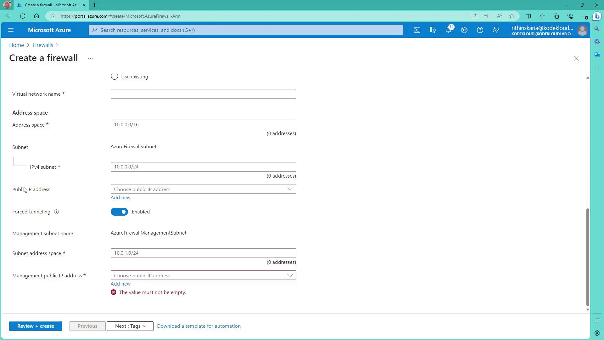 The image shows a Microsoft Azure portal page for creating a firewall, with fields for virtual network name, address space, subnet, and public IP address configuration.