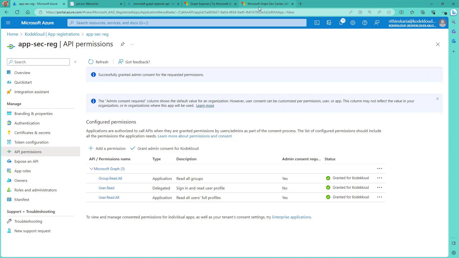 The image shows the Microsoft Azure portal displaying the API permissions page for an app registration named "app-sec-reg." It lists configured permissions for Microsoft Graph, including Group.Read.All, User.Read, and User.Read.All, with their types and consent statuses.