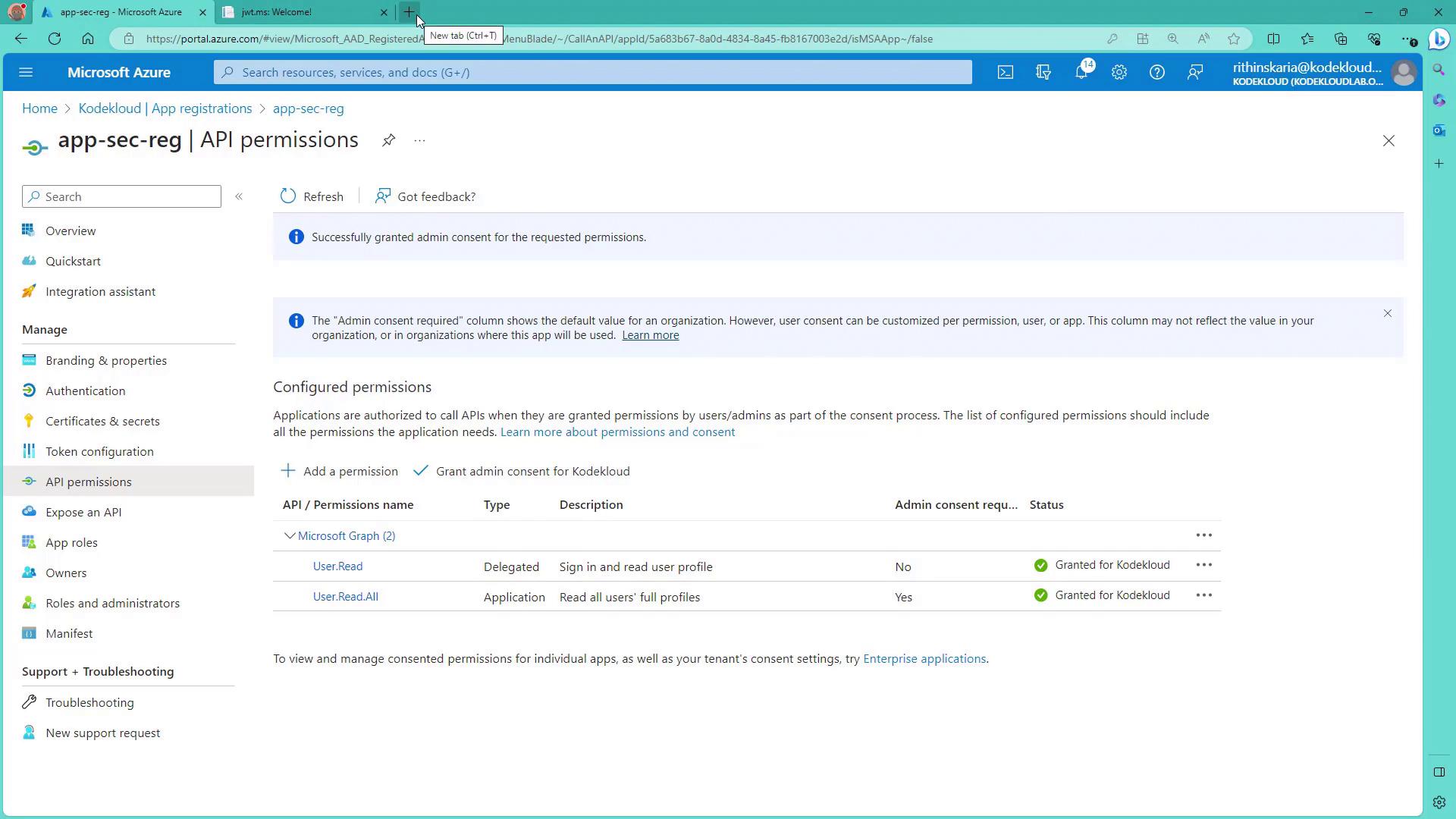 The image shows the Microsoft Azure portal page displaying API permissions for an app registration named "app-sec-reg." It lists configured permissions for Microsoft Graph API, including "User.Read" and "User.Read.All," with their types, descriptions, and consent statuses.