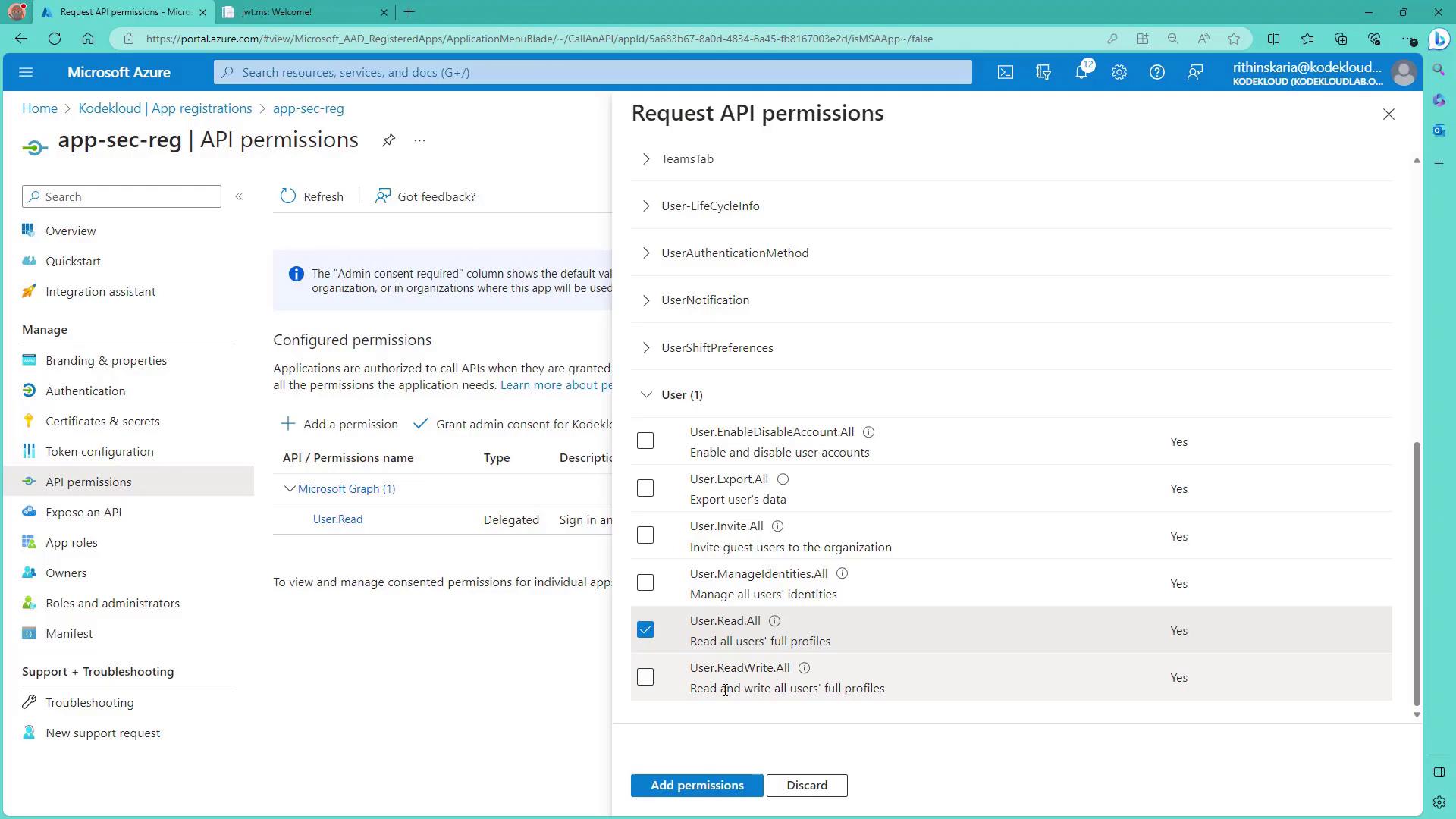 The image shows a Microsoft Azure portal screen where API permissions are being configured for an app registration. The "Request API permissions" panel is open, displaying various user-related permissions options.