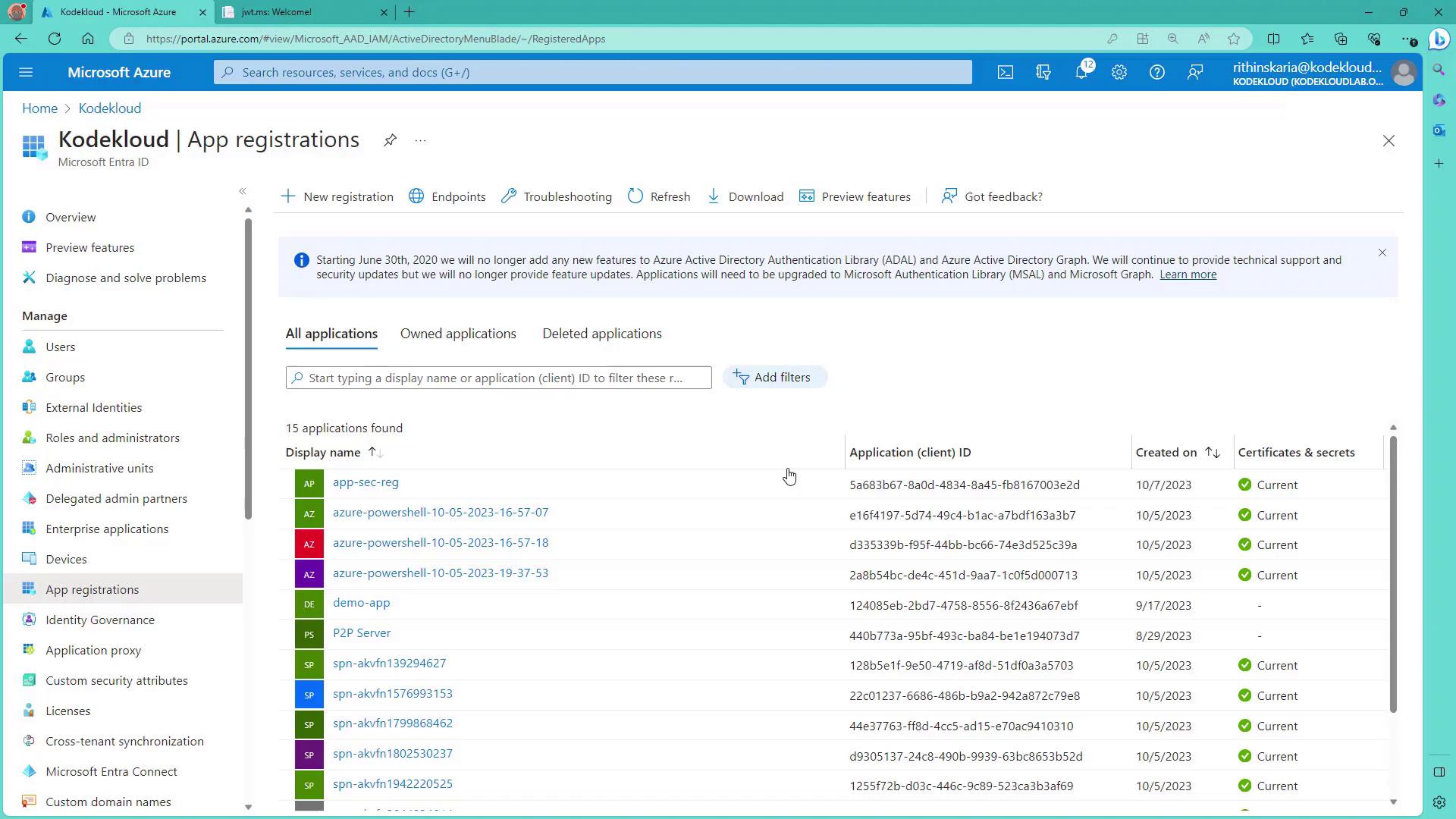 The image shows the Microsoft Azure portal displaying the "App registrations" section under "Kodekloud," listing various applications with their display names, client IDs, creation dates, and certificate statuses.