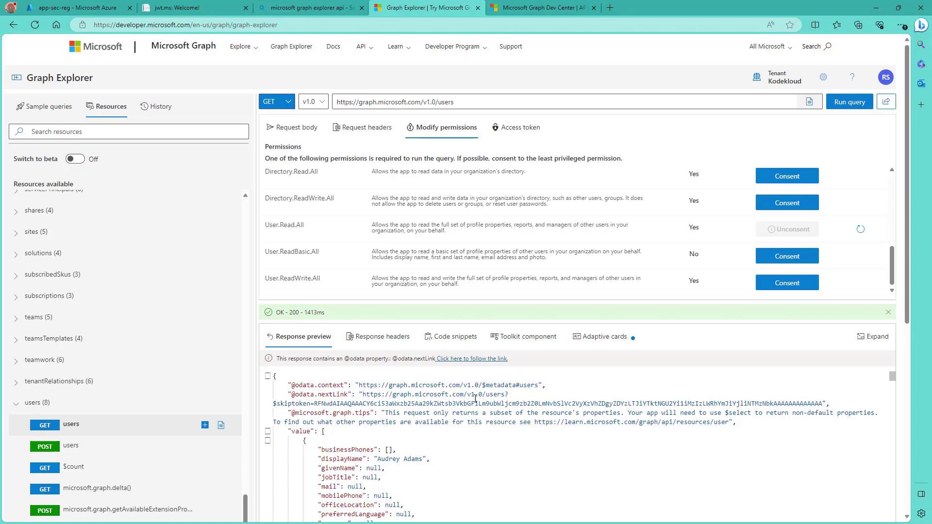 The image shows the Microsoft Graph Explorer interface, displaying a list of permissions required to run a query, with options to consent to each permission. The response preview section at the bottom shows JSON data from a query result.