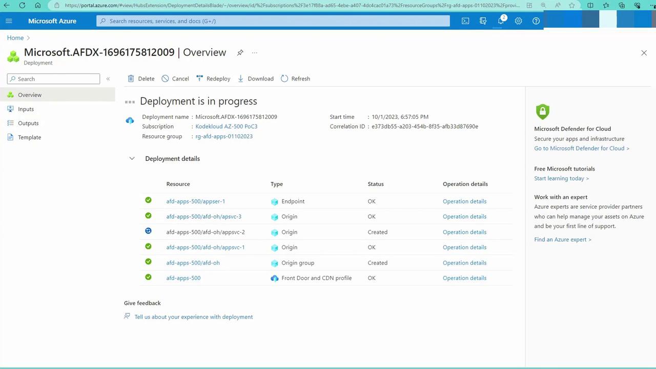 The image shows a Microsoft Azure portal page displaying the overview of a deployment in progress, with details about resources, types, statuses, and operation details.