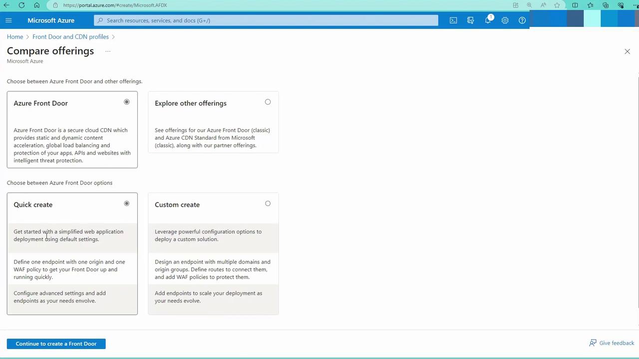 The image shows a Microsoft Azure portal page comparing offerings for Azure Front Door and other services, with options for "Quick create" and "Custom create" configurations.