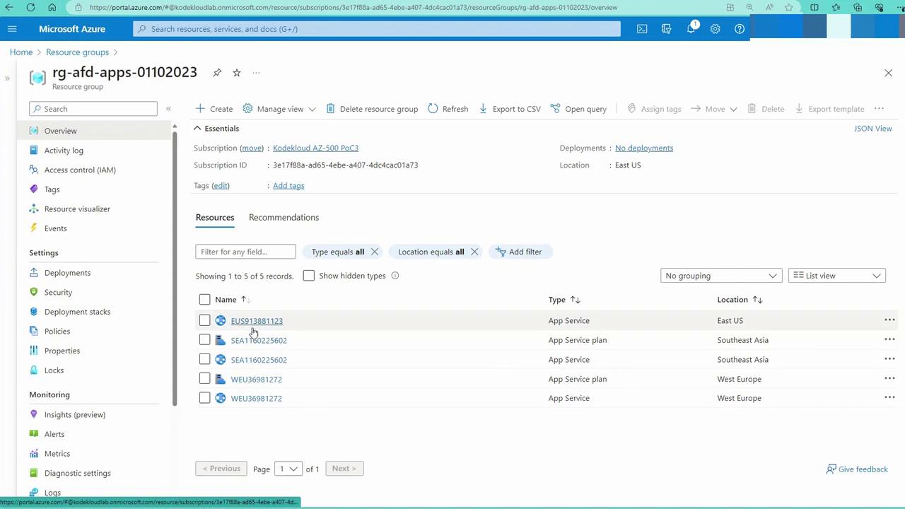 The image shows a Microsoft Azure portal interface displaying a resource group named "rg-afd-apps-01102023." It lists several resources, including App Services and App Service plans, with their respective locations.