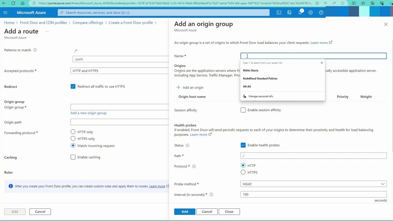 The image shows a Microsoft Azure portal interface for adding a route and an origin group. It includes options for configuring protocols, redirect settings, and health probes.