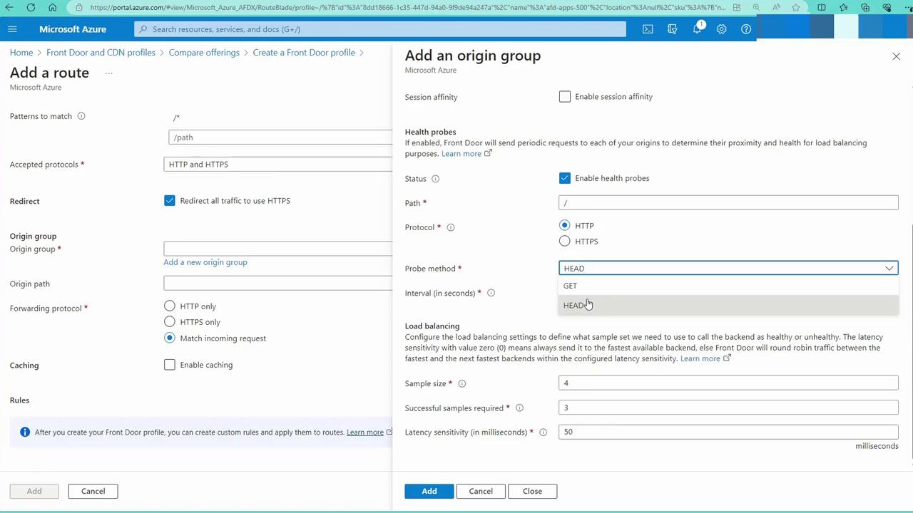 The image shows a Microsoft Azure interface for adding a route and configuring an origin group, including settings for protocols, health probes, and load balancing.