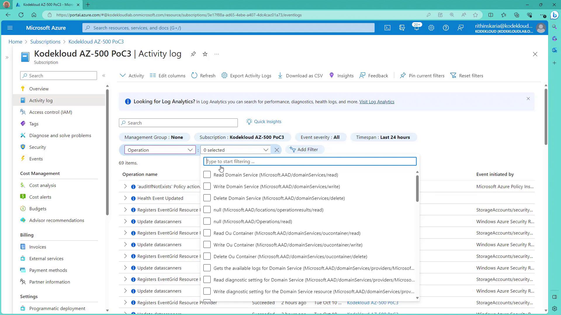 The image shows the Microsoft Azure portal displaying the "Activity log" for a subscription, with filters for operations and a list of recent activities.