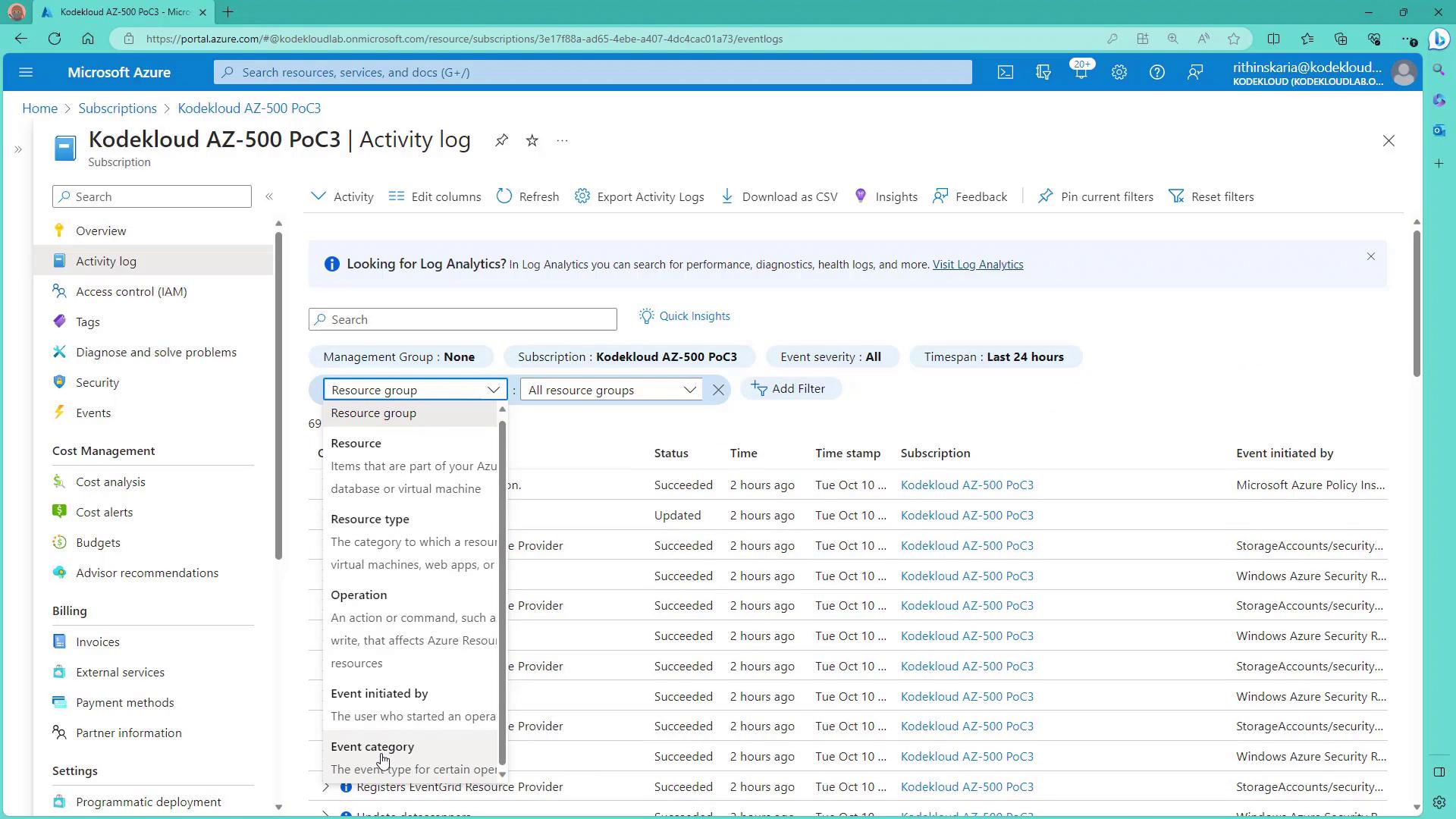 The image shows the Microsoft Azure portal displaying the activity log for a subscription named "Kodekloud AZ-500 PoC3." It includes filters and a list of recent activities with details like status, time, and event initiator.