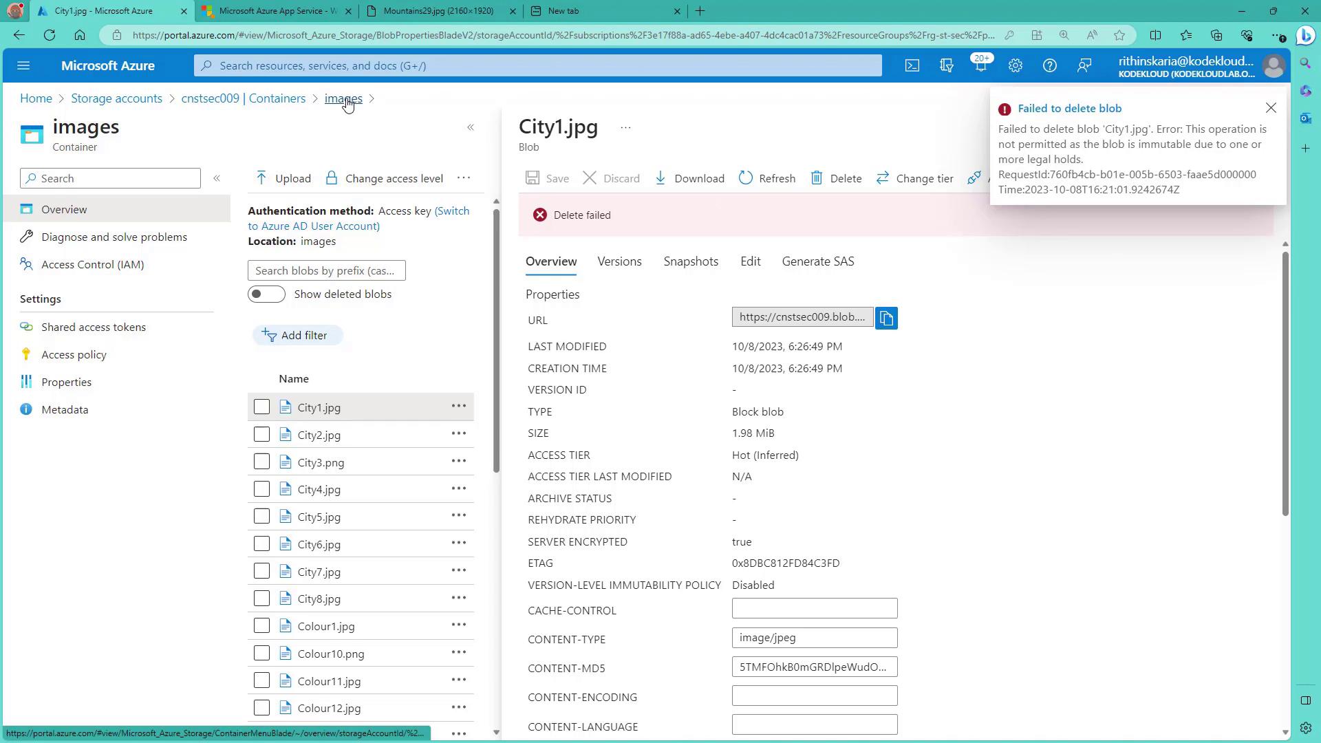 The image shows a Microsoft Azure portal interface displaying details of a blob named "City1.jpg" in a storage container. A notification indicates a failed attempt to delete the blob due to legal holds.