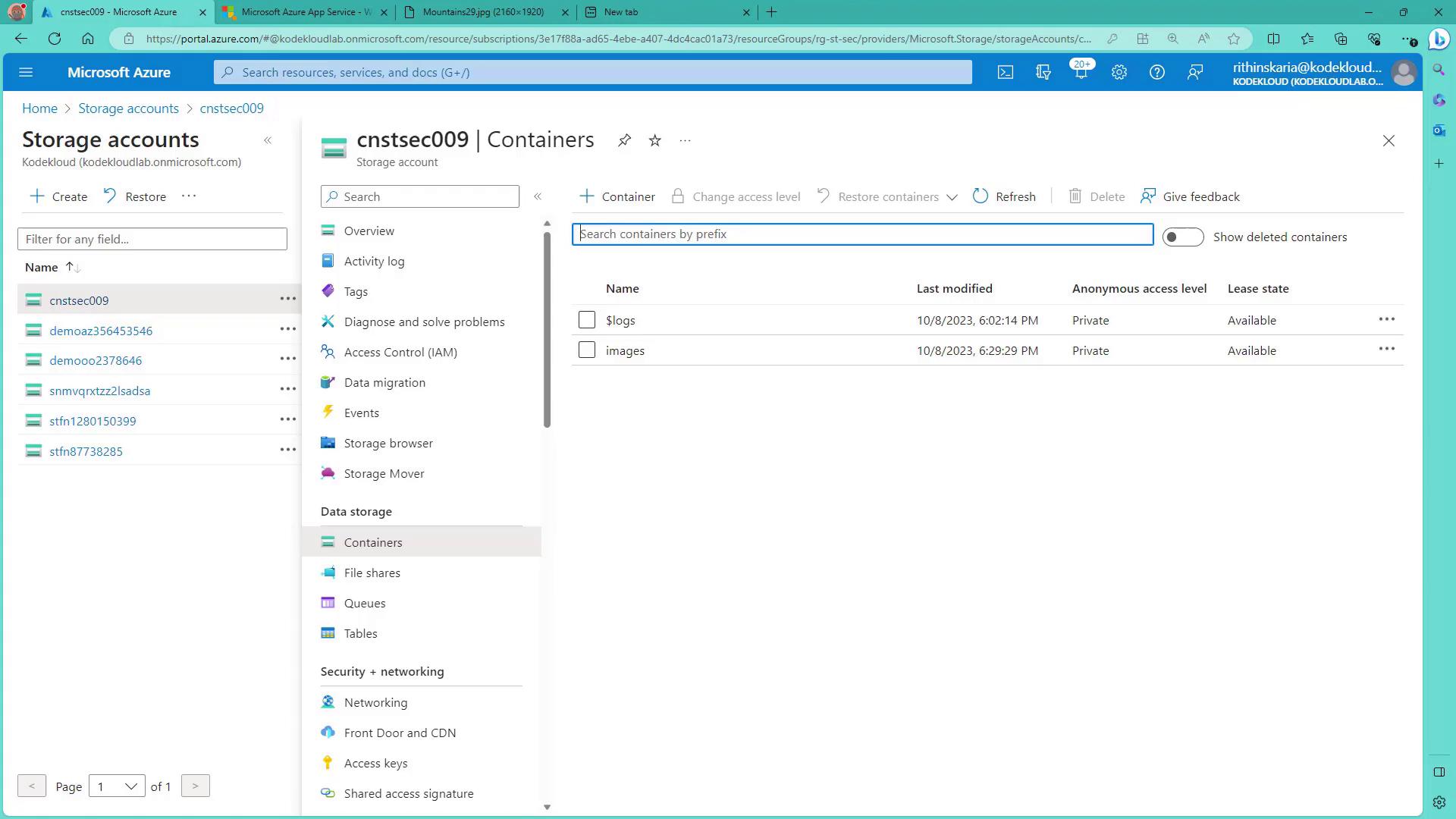 The image shows a Microsoft Azure portal interface displaying storage account details, specifically the containers section with two containers named "$logs" and "images."