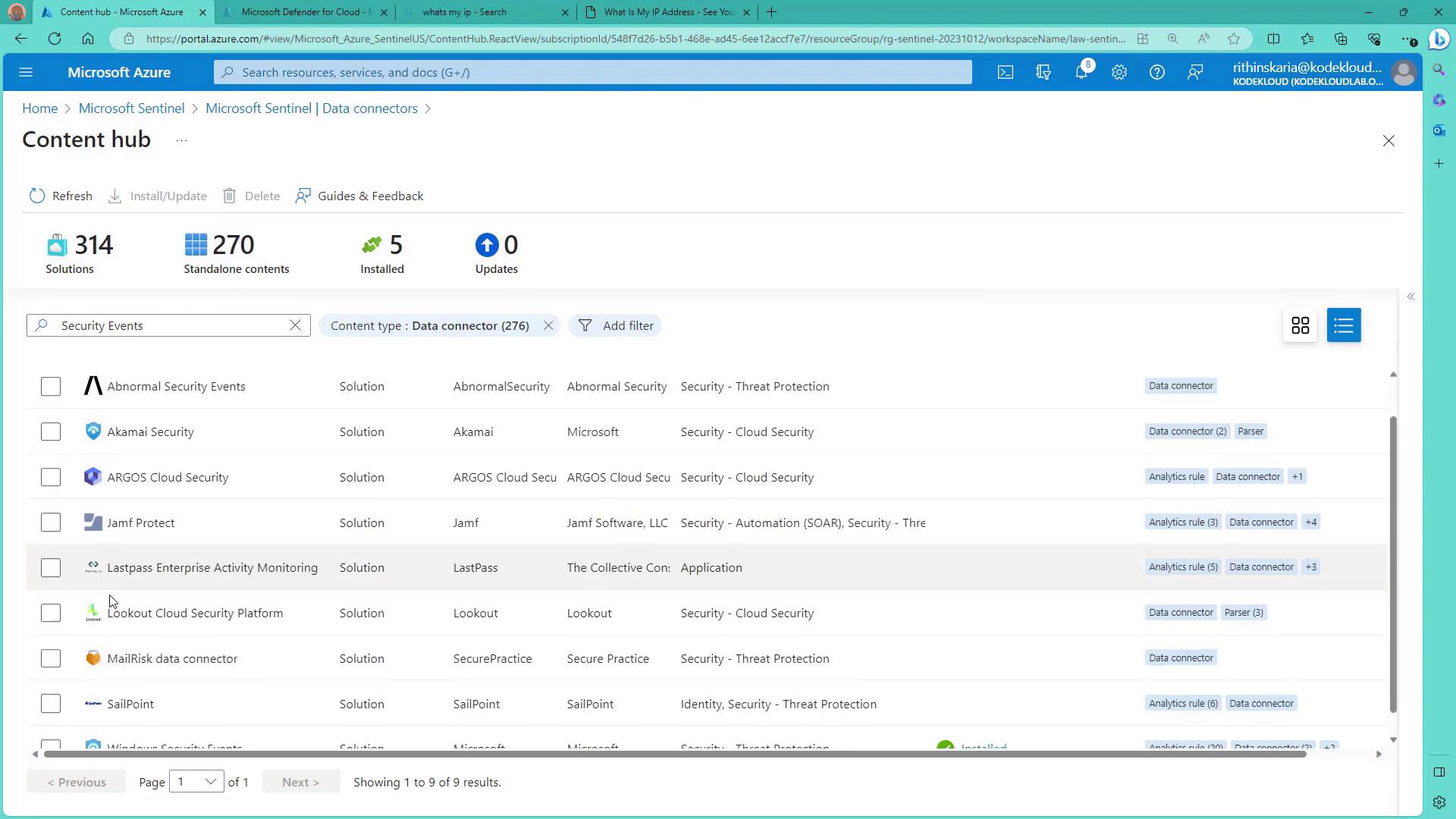 The image shows the Microsoft Azure Content Hub interface, listing various security solutions and data connectors, such as Abnormal Security Events and Akamai Security.
