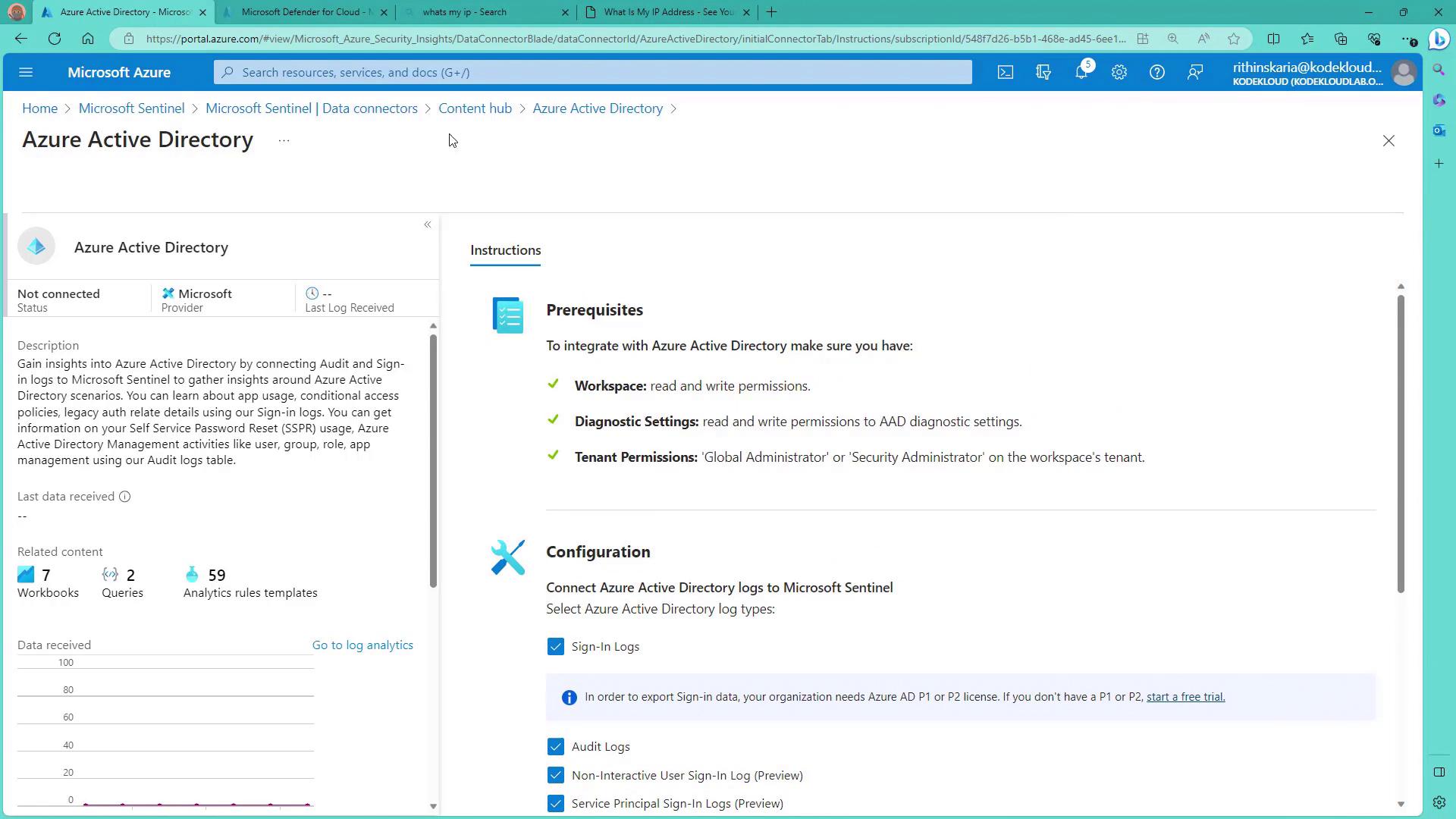 The image shows a Microsoft Azure portal interface for integrating Azure Active Directory with Microsoft Sentinel, detailing prerequisites and configuration options for connecting logs.
