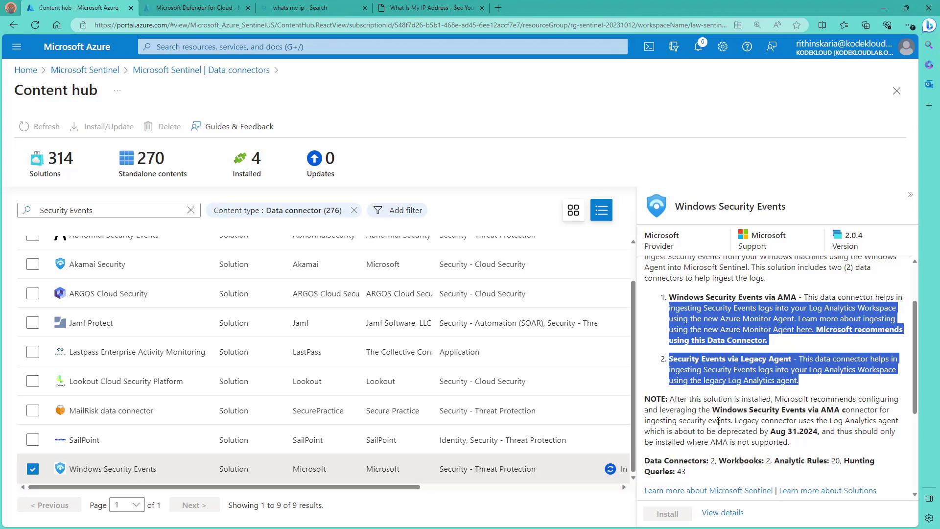 The image shows a Microsoft Azure portal interface displaying the "Content hub" section of Microsoft Sentinel. It lists various security solutions and data connectors, with details about "Windows Security Events" highlighted on the right.