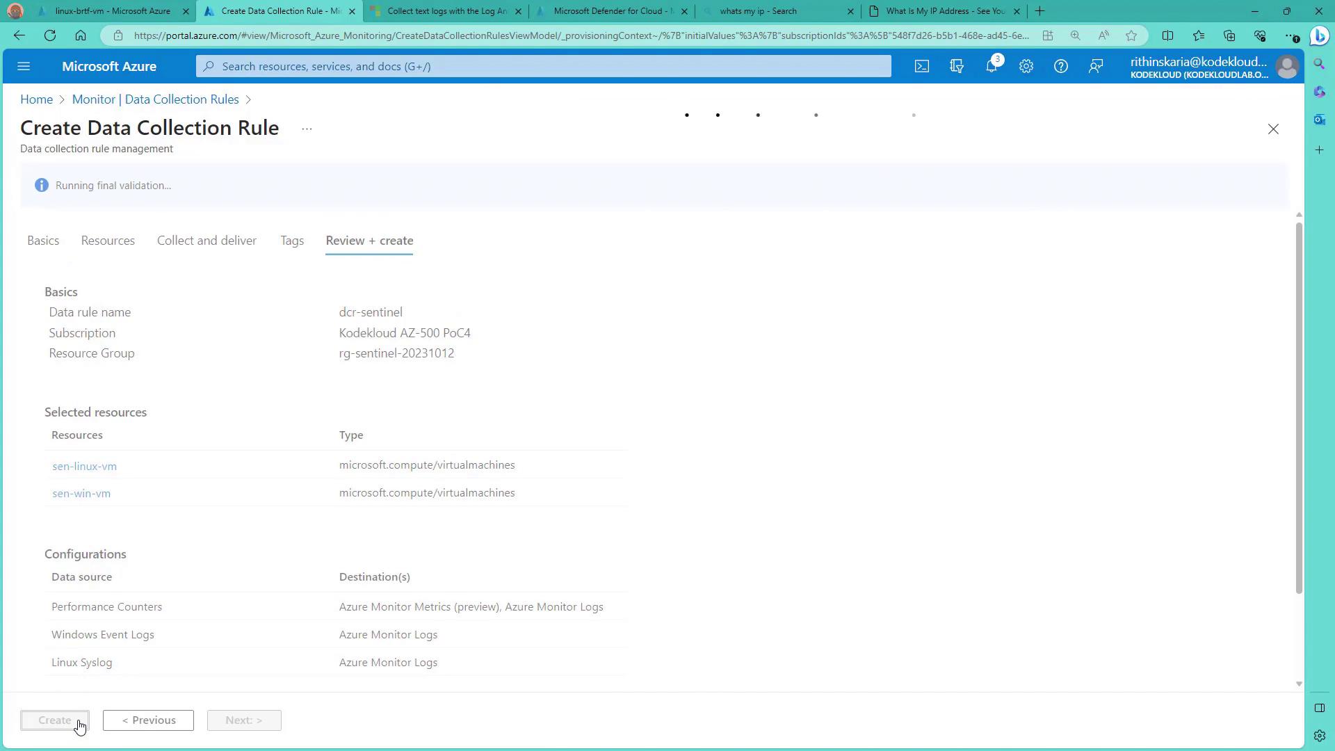 The image shows a Microsoft Azure portal page for creating a data collection rule, displaying details like the data rule name, subscription, resource group, selected resources, and configurations.
