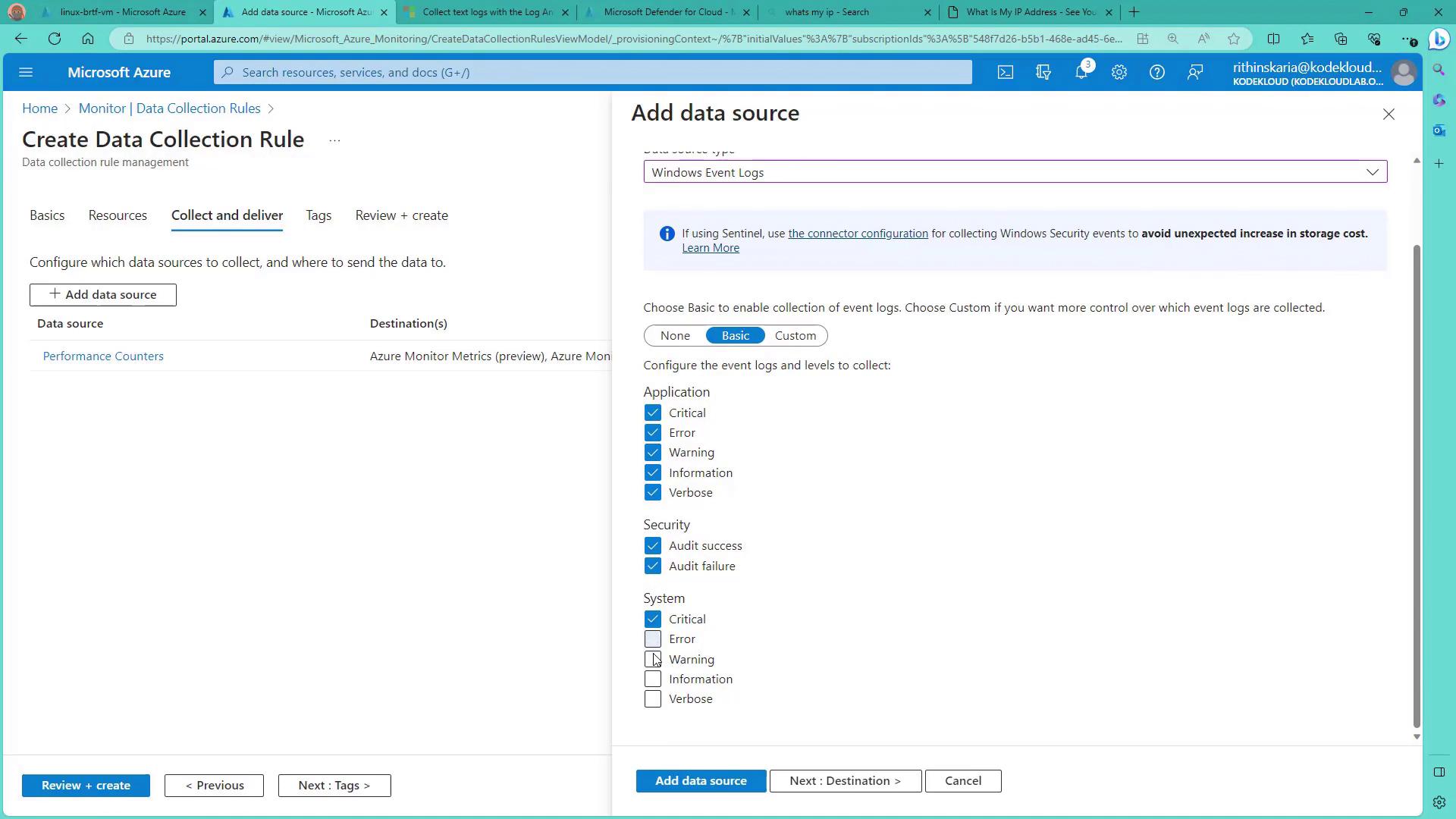 The image shows a Microsoft Azure portal interface for creating a data collection rule, specifically adding a data source for Windows Event Logs with options to configure event log levels.