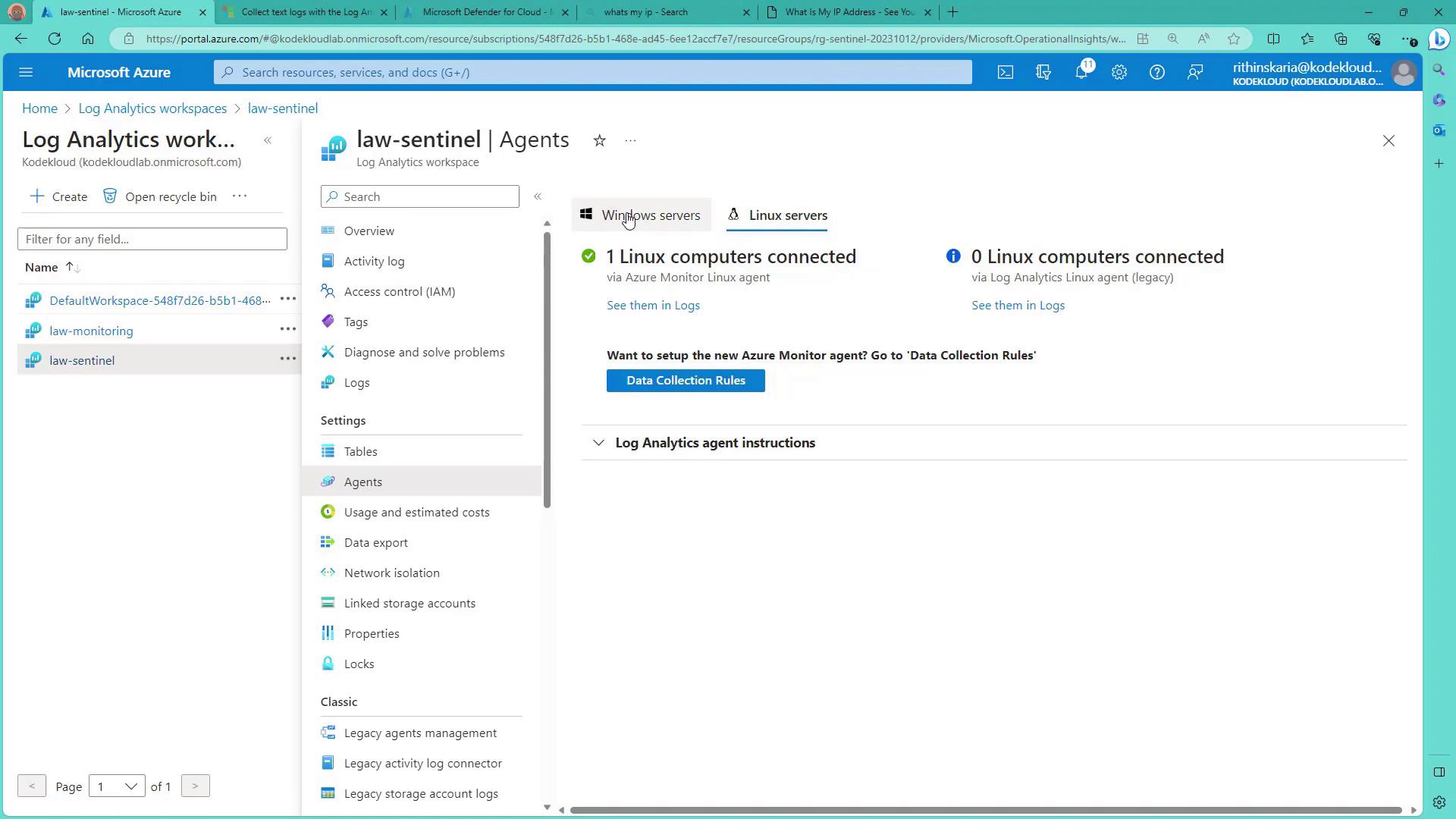The image shows a Microsoft Azure portal interface displaying the "Log Analytics workspace" with details about connected Linux computers and options for managing agents and data collection rules.