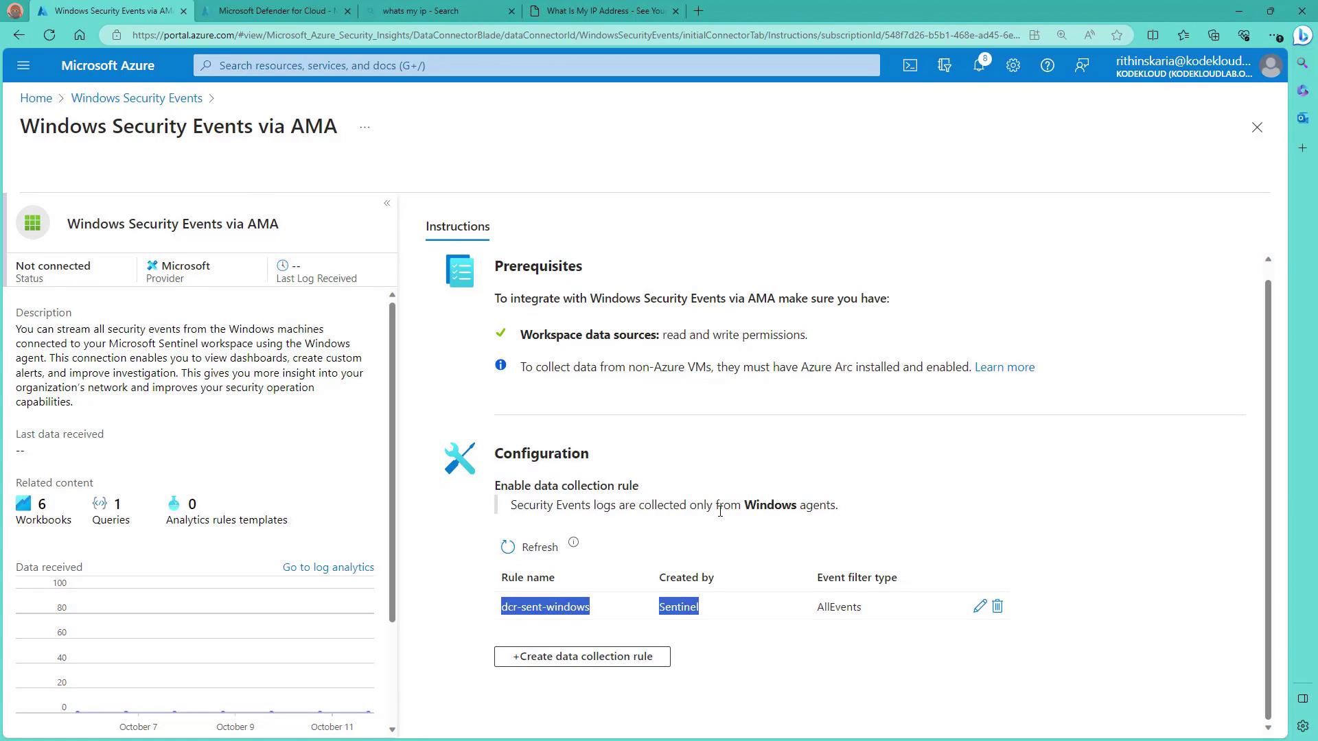 The image shows a Microsoft Azure portal page for configuring Windows Security Events via AMA, with sections for prerequisites and configuration details. It includes options for enabling data collection rules and information about workspace data sources.