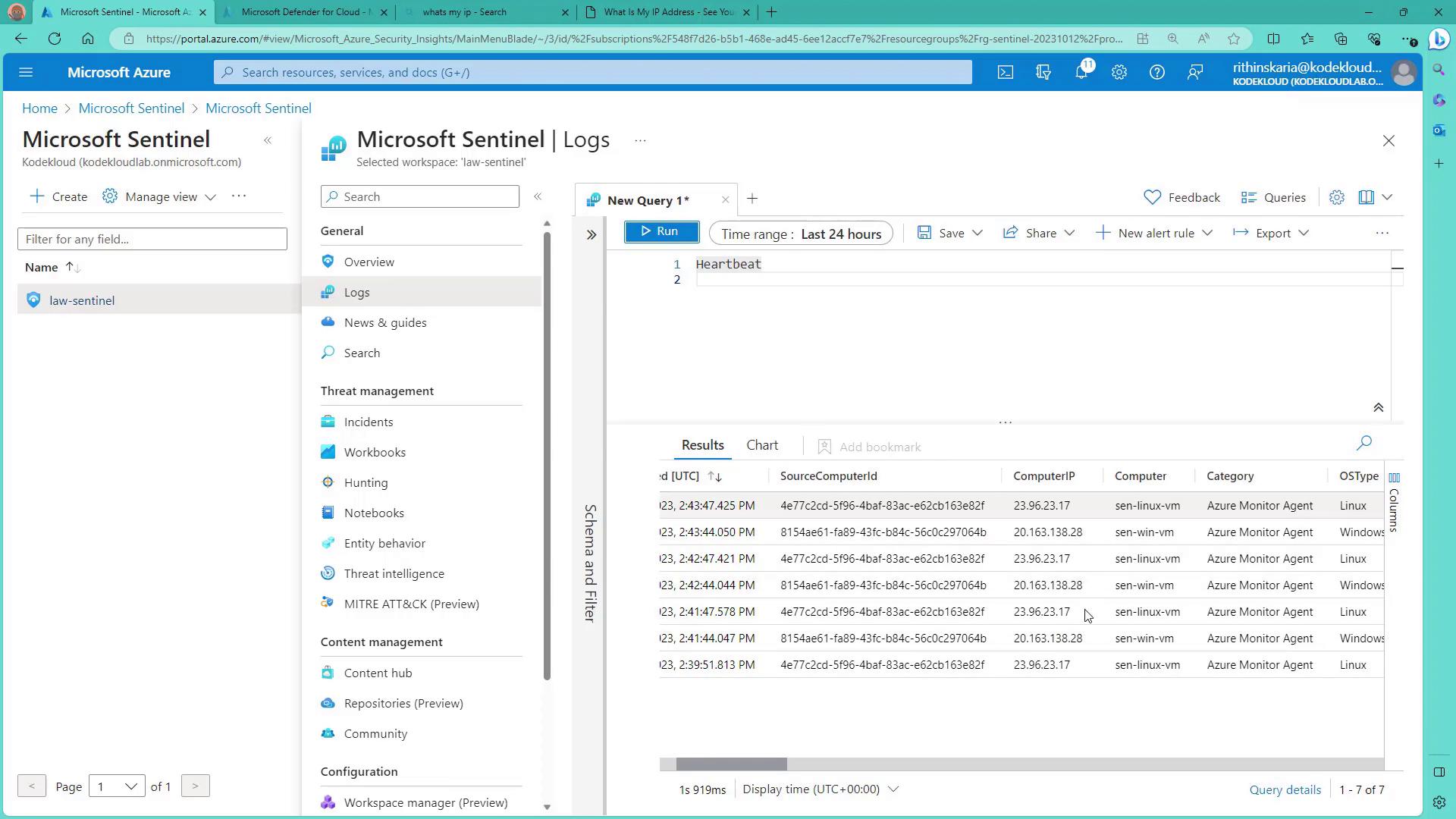 The image shows a Microsoft Sentinel dashboard with a log query interface displaying results for a "Heartbeat" query, including details like timestamps, computer IDs, IP addresses, and operating systems.